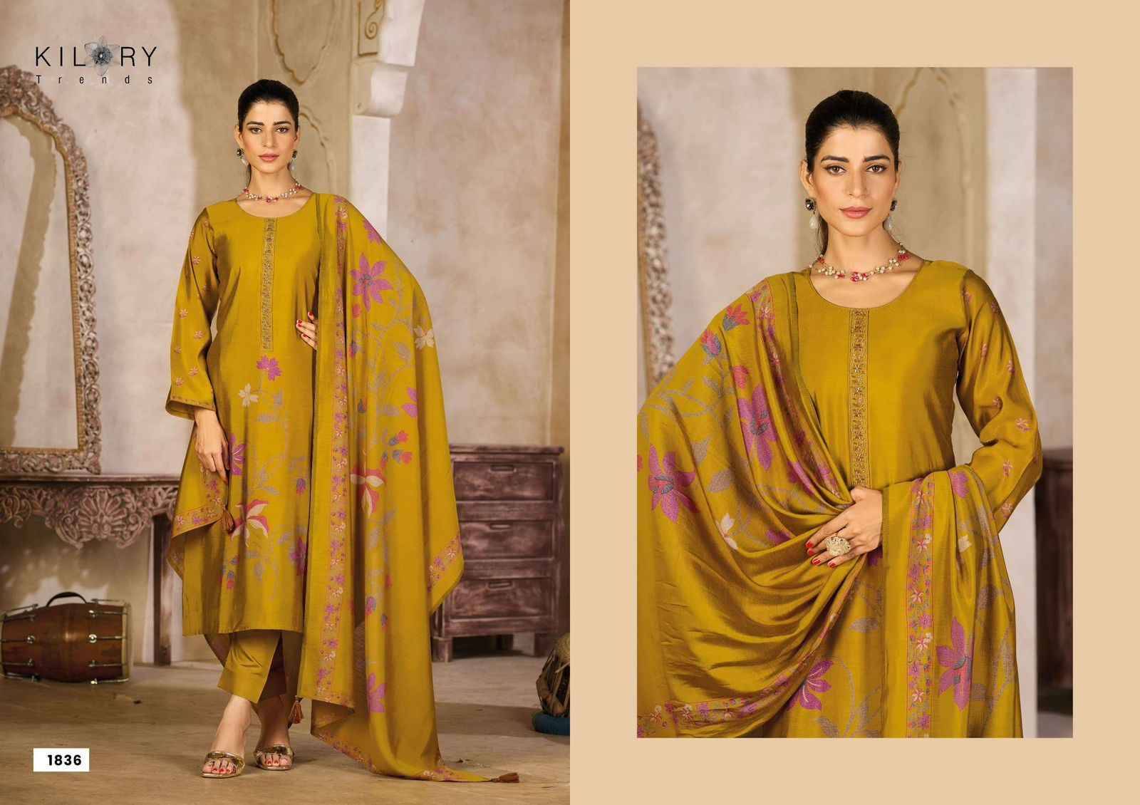 ZARINA PLUS By KILORY TRENDS 1831 To 1836 Series eautiful Festive Suits Colorful Stylish Fancy Casual Wear & Ethnic Wear PURE MUSLIN SILK DIGITAL FOIL PRINT Dresses At Wholesale Price